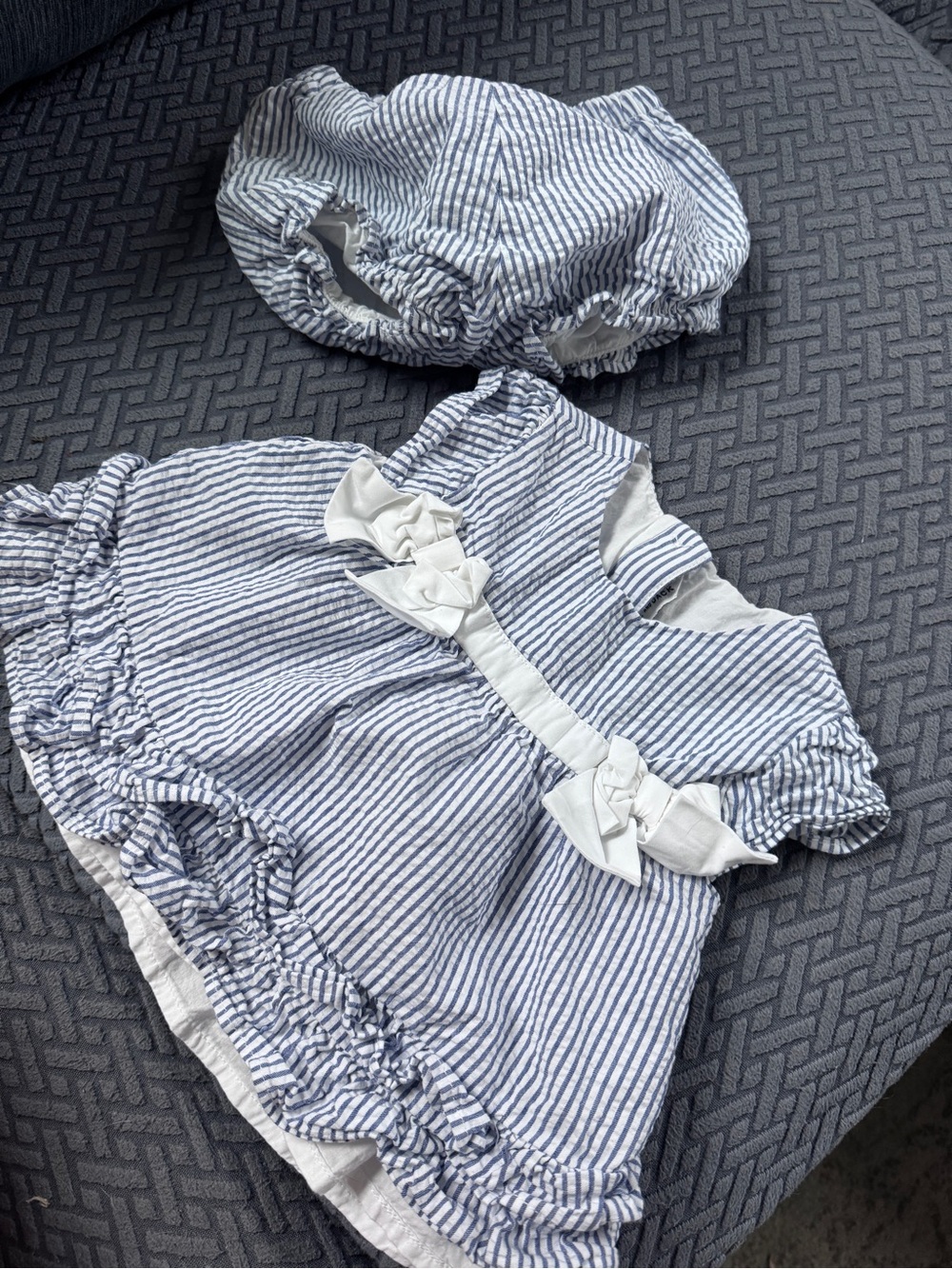 Janie and Jack Blue and White Striped Dress with Matching Bonnet 6-12 months